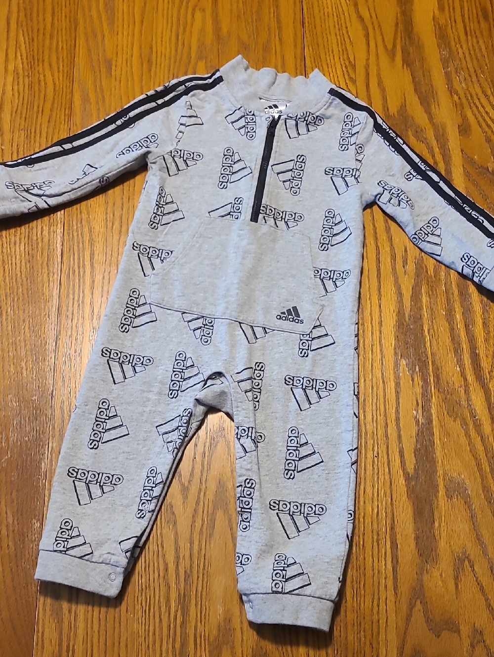 adidas Light Gray Logo Print Baby One-Piece Footie - 24 Months